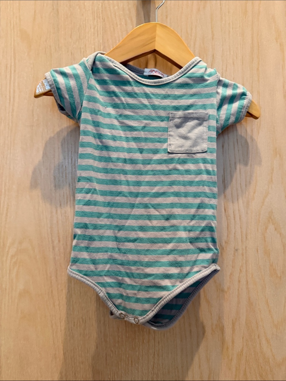 Striped Mint and Gray Baby Bodysuit with Chest Pocket